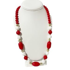 Vintage Red White Gold Bead Necklace Approximately 24"